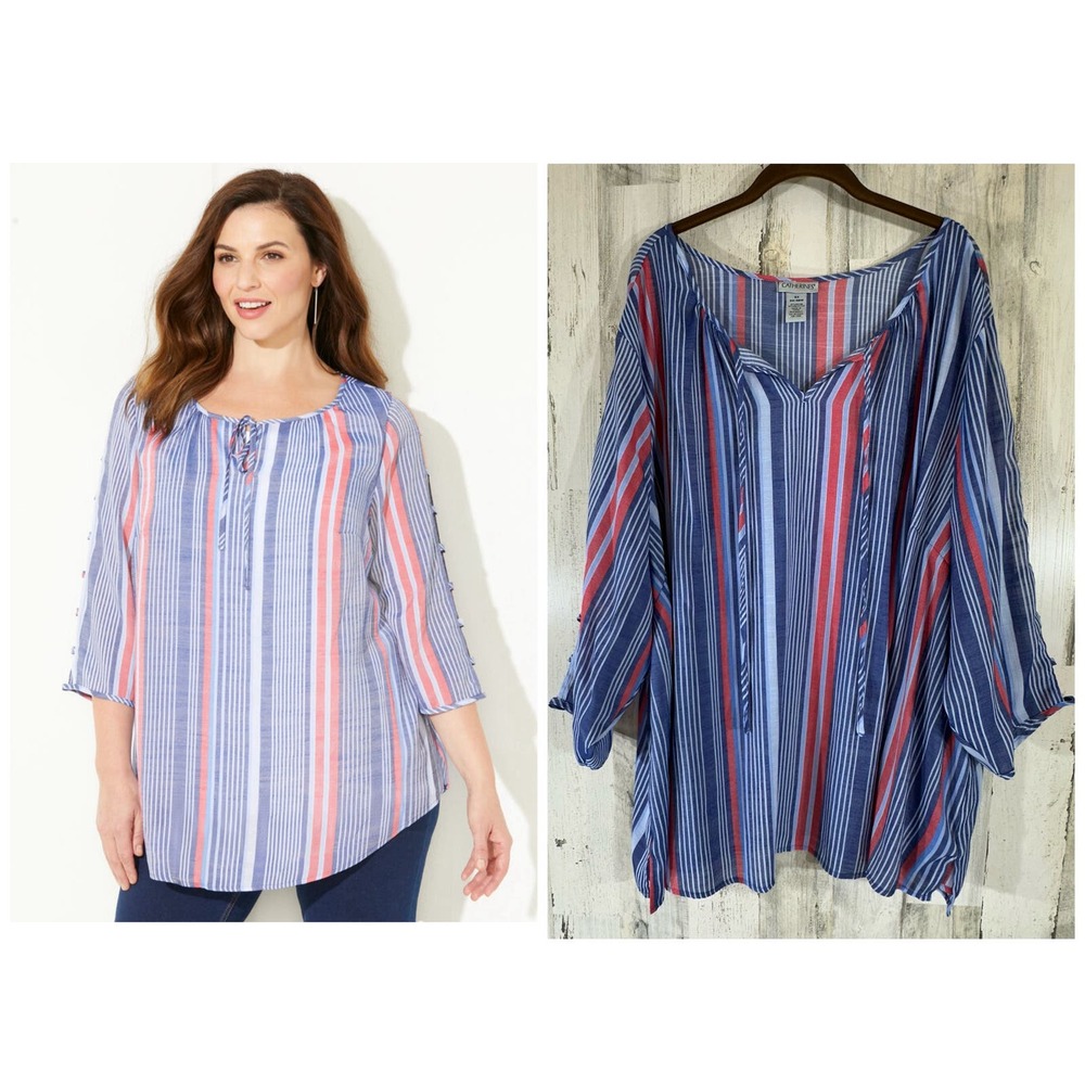 Catherines Tunic Size 5X 34/36W Blue Pink Stripe Ladder Sleeve Peasant Top Flowy